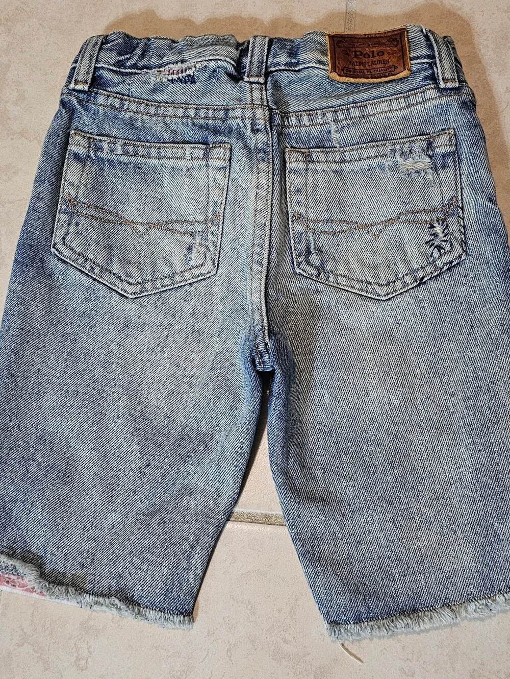 Polo Ralph Lauren Kids Slim Light Blue Denim Jeans Shorts w/ pink patches Size 7